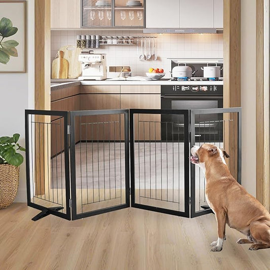 ZJSF Freestanding Dog Gate Indoor, Foldable Dog Fence for Doorways,Hallways or Stairs, Sturdy Wood Extra Wide Pet Gate with Support Feet,Black,32 "Height-4 Panels