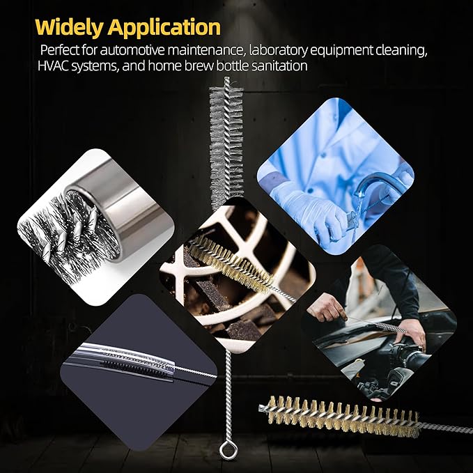 16Pcs Stainless Steel & Brass Wire Tube Brushes Bottle Brush Set,12" Long Wire Bore Brushes for Deep Cleaning Pipes,Tubes,Narrow Spaces, Engine Parts, Home Brew(1/4"-1" Sizes)