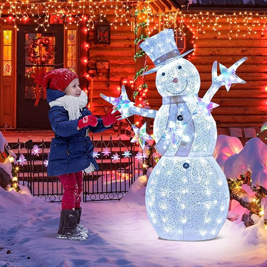 Tangkula 5 FT Christmas Lighted Snowman with Stars, Lighted Christmas Decoration with 140 Cold White LED Bulbs, Ground Stakes & Zip Ties Included, Xmas Festive Decoration for Indoor & Outdoor