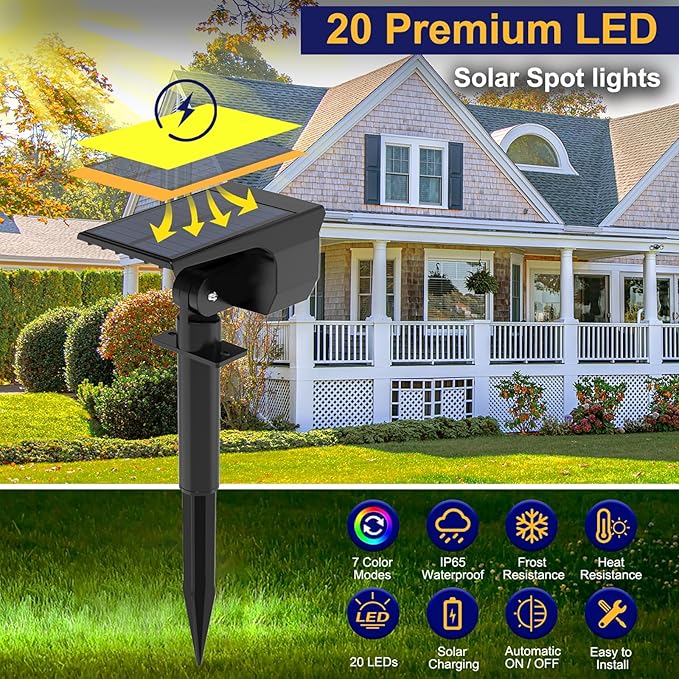 nipify 1 Pack Solar Spot Lights Outdoor Color Changing, 7 Modes Halloween RGB Solar Powered Waterproof Spotlight, Landscape Lighting for Outside Yard Garden Pathway