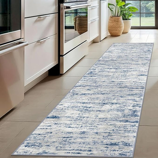Modern Abstract Hallway Runner Rug, Blue White Washable Kitchen Runner Non-Slip Soft 2x8 Runner Rug Thin Print Faux Wool Carpet for Entryway Bedroom Laundry Room Indoor Home Decor