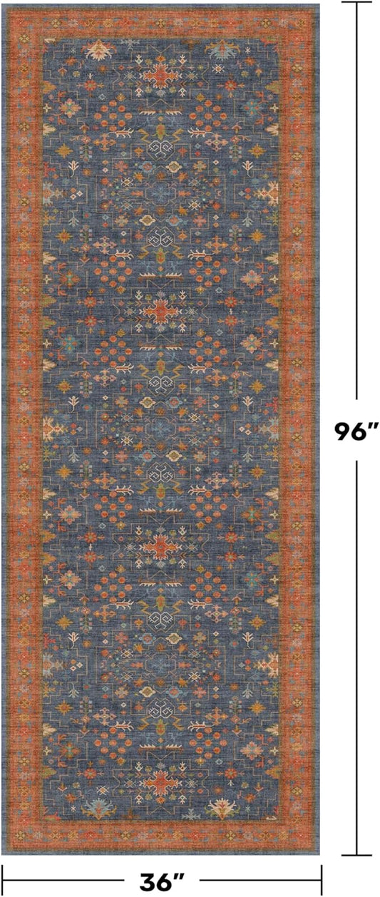 Washable 3x8 Long Runner for Wide Kitchen Floor - Navy Blue 8ft Hallway Runner Rug, Pet Friendly Waterproof Non Slip with Rubber Backing, Stain Resistant Area Rug