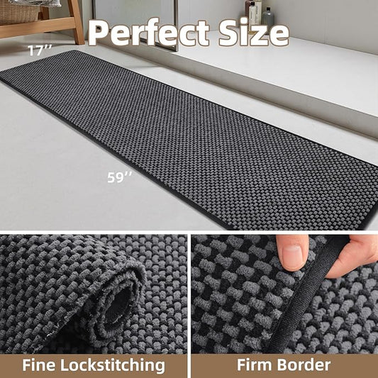 PADOOR-Bath Mat Runner-Super Absorbent Chenille Bathroom Mats-Rubber Backed Bath Mats for Bathroom Non Slip, Easy Clean Bathroom Runner Rugs Front of Bathtub,Shower Room,Sink-17×59