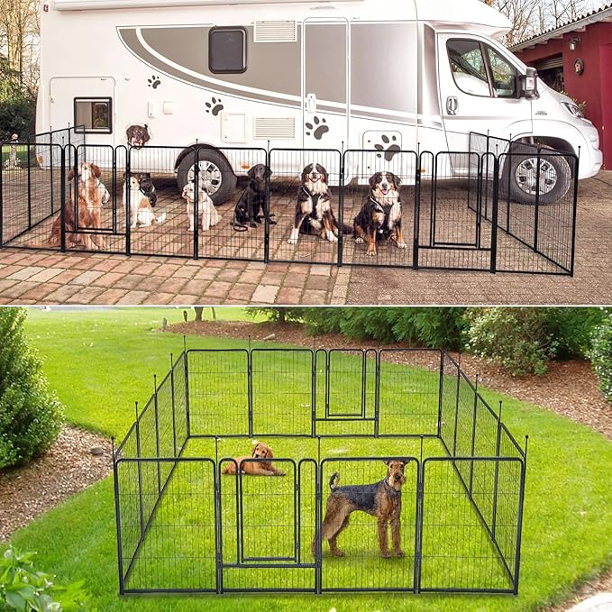 MESTYL Dog Playpen, 16 Panels 40in(H) x36ft(L), Outdoor Garden Metal Fencing with 2 Gates, Animal Barrier for Dog, Garden Edging Border No Dig Temporary Fence for Patio Yard, Black