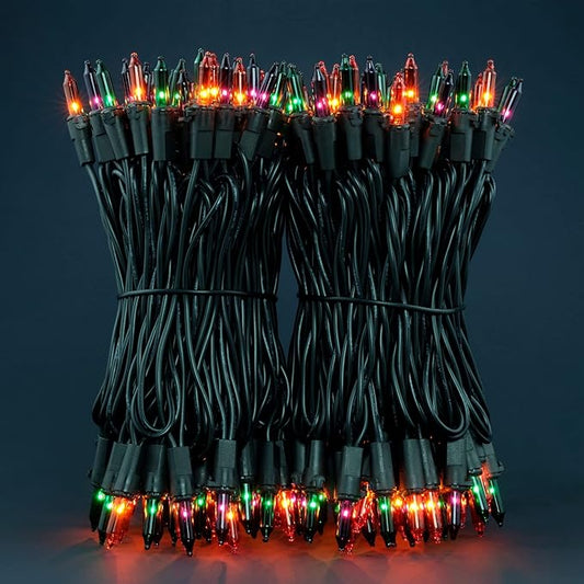 200 Count Orange Green & Purple Christmas Lights, Pack of 2 Strands 100 Count 33 ft Black Wire UL Listed Halloween String Light (Orange Green & Purple)