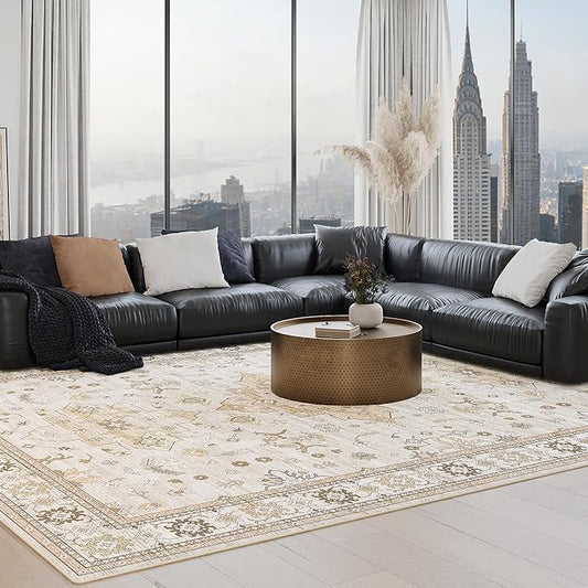 Large Rugs for Living Room, 8x10 Beige Washable Rug for Bedroom, Soft Boho Indoor Carpets, Big Modern Kids Room Rug, Non-Slip Low Pile Mat for Office Home Dining Room Christmas Decor,Beige/Gold