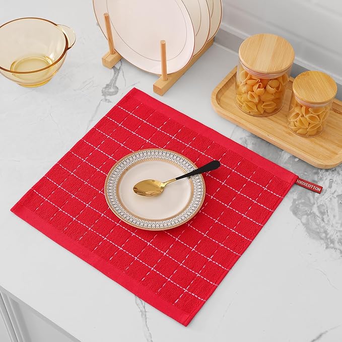 Mordimy 100% Cotton Terry Cloth Dish Cloths, Soft and Absorbent Checkered Dish Towels, Quick Drying Dish Rags for Washing Dishes, 12 Pack, 12 x 12 Inches, Red