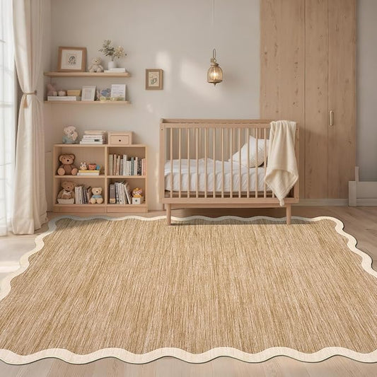 GarveeHome Scalloped Washable Rugs 10x13 Rug for Living Room Modern Bedroom Rug Brown Large Area Rug Non Slip Throw Rugs Soft Low Pile Stain Resistant Carpet for Dorm Dining Room 10'x13' Light Brown