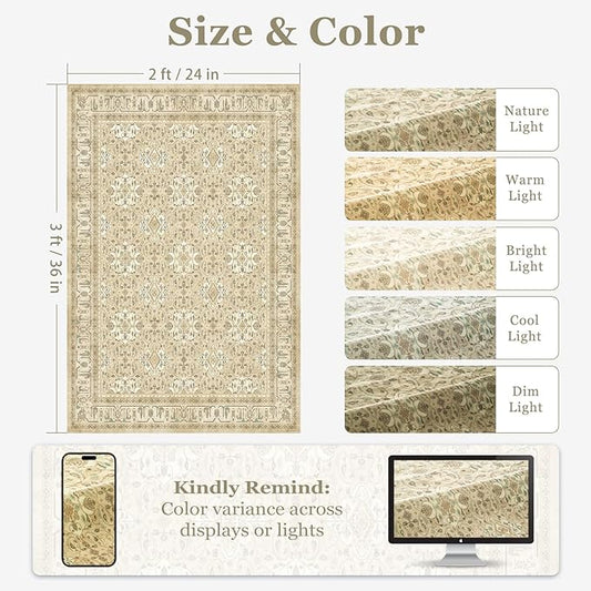 Warm Beige Small 2x3 Rug, Boho Floral Moroccan Printed Door Rugs for Entryway Indoor, Washable Non Slip Low Pile Thin Soft Door Mat Indoor Entrance for Kitchen Bathroom Laundry Room Bedside