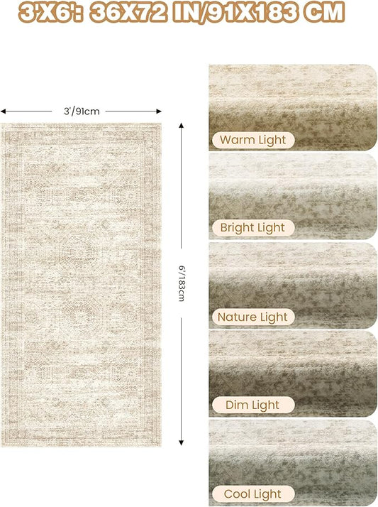 3x6 Runner Rug Non Slip, Thin Entryway Washable Rug for Entryway, Runners for Hallways, Low Pile Vintage Abstract Soft Rugs for Living Room, Kitchen, Bedroom(3'x6', Beige/Ivory)