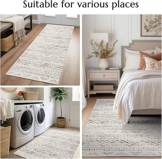 jinchan Boho Runner Rug 2x6 - Moroccan Machine Washable Non-Slip Bohemian Diamond Low-Pile Soft Runner Rug for Entryway Hallway Kitchen Bedroom Laundry Room (2‘x6', Mocha)