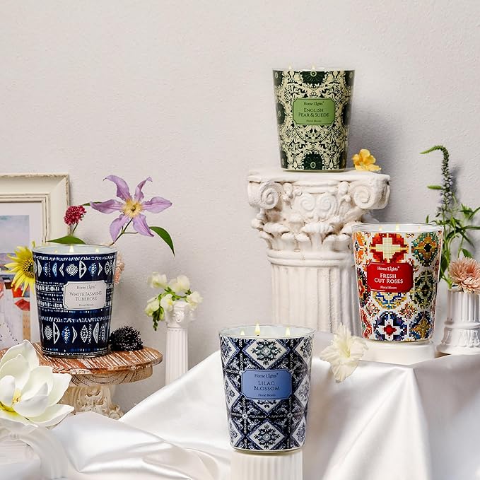 HomeLights Scented Candles | Large Jar 34 Oz Natural Soy Candle | 130 hrs Long-Lasting with 3 Wicks | Bohemian Natural for Home Decor | Gifts for Mom & Women, White Jasmine Tuberose