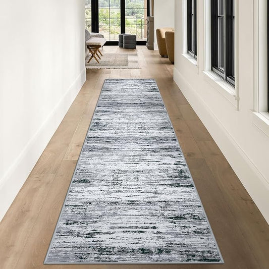 Modern Abstract Runner Rug 3x10, Black Grey White Washable Kitchen Runner Non-Slip Soft Hallway Rug Runner Thin Print Faux Wool Carpet for Entryway Bedroom Laundry Room Indoor Home Office Decor