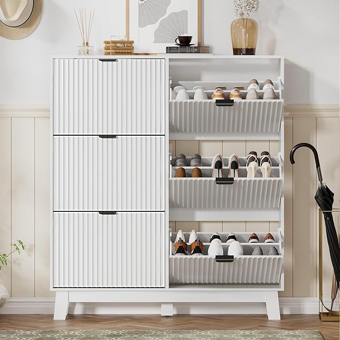 Shoe Cabinet Storage for Entryway with 6 Flip Drawers, Fluted Narrow Shoe Organizer with Wooden Legs, Freestanding Slim Shoe Storage Hidden Shoe Rack Organizer for Front Door Entrance, White
