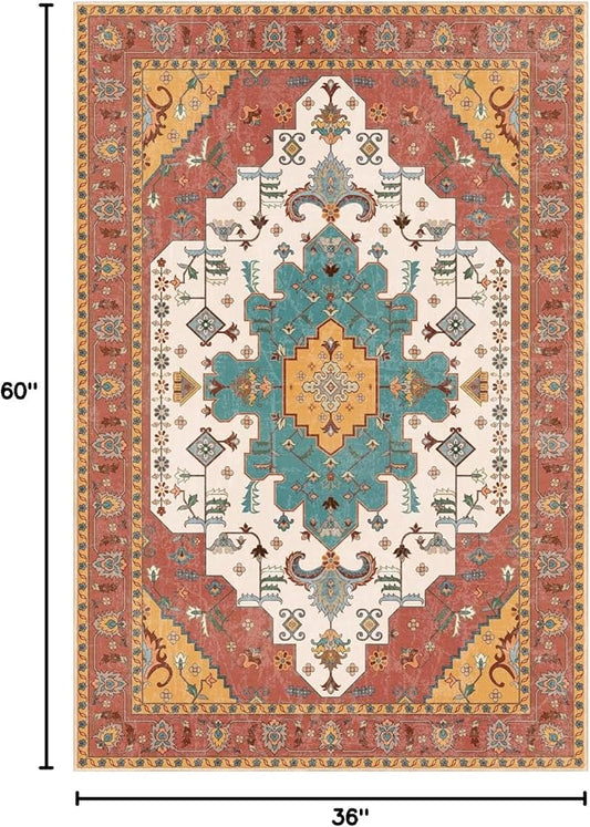 SERISSA Area Rug 3x5 Boho Orange Rugs for Bedroom, Washable Kitchen Rugs Non-Slip, Ultra Soft Print Distressed Vintage Entry Rug Low-Pile Throw Rug Carpet for Nursery Living Room Dorm Decor