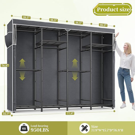 Raybee Clothes Rack with Cover Heavy Duty Clothing Racks for Hanging Clothes Adjustable Metal Portable Closet for Bedroom 77.9" W x 15.7" D x 76.8" H Black