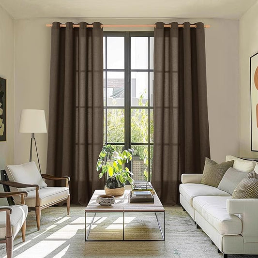 YoungsTex Dark Brown Linen Curtains 84 Inch Length 2 Panels for Living Room, Light Filtering Drapes Semi Sheer Chocolate Window Treatments with Bronze Grommet for Bedroom, 52 x 84 Inch