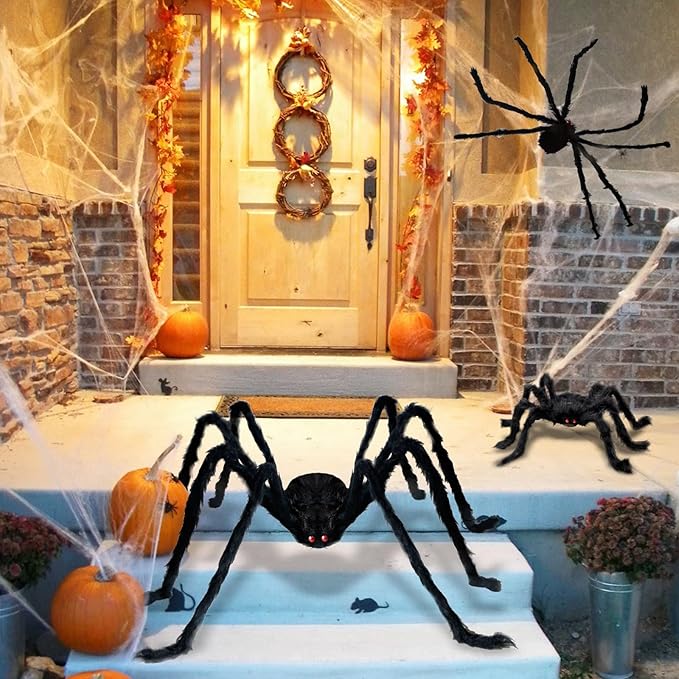 ZMCINER Large Halloween Spiders for Outside, Big Spider Halloween Decorations Realistic Scary Hairy Spiders Halloween Decorations Outdoor (59", 49", 35")