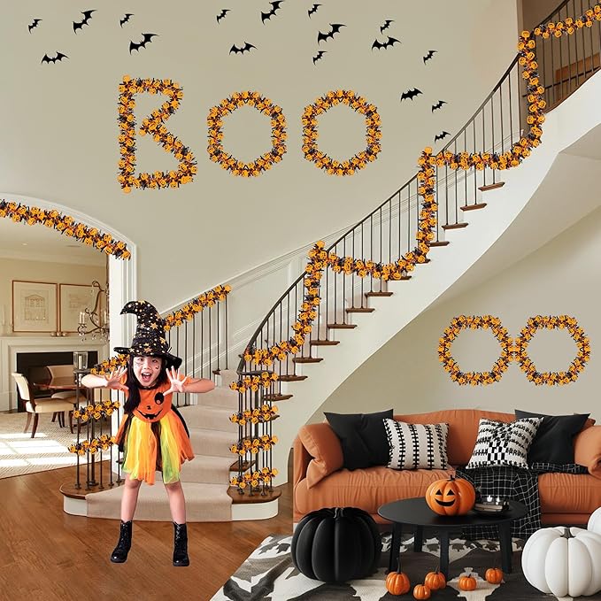 33FT Halloween Tinsel Garland with Orange Pumpkin Ornament, Shiny Metallic Twist Garland Outdoor Indoor Halloween Decorations for Home Table Office Classroom Fireplace Mantle Party Decor