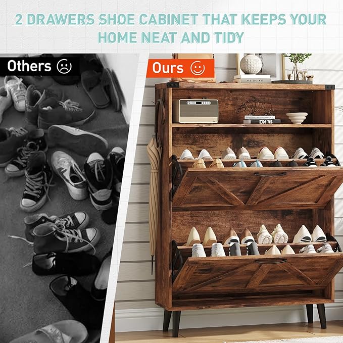 Vabches Shoe Storage Cabinet with 2 Flip Drawers,Freestanding Narrow Shoe Organizer with Open Storage,Hidden Slim Shoe Rack Cabinet for Entryway,Hallway,Brown