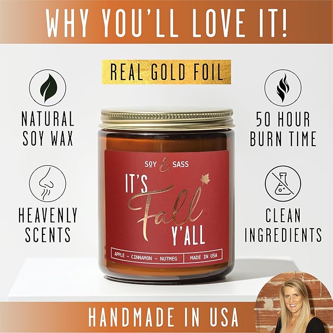 Fall Candles - 'It's Fall Yall' Candle w/Apple Cinnamon & Nutmeg I Infused with Essential Oils I Autumn Scented Candles I Cozy Cute Décor Gifts I 9oz Jar I 50Hr Burn I Made in USA