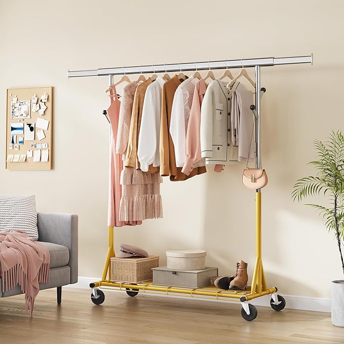 Heavy Duty Clothes Rack Load 530 LBS Metal Clothing Garment Rack Hang 200 pieces of clothing on Wheels Rolling Portable Collapsible & Adjustable with Hook for Hanging Clothes Gold