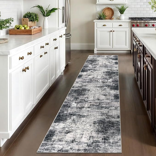 IOHOUZE Abstract Runner Rug 2x10 Ft Washable Runners for Hallways, Non Slip Kitchen Runner Printed Faux Wool Entryway Runner Indoor, Modern Abstract Floor Carpet for Hall Kitchen, Black Gey