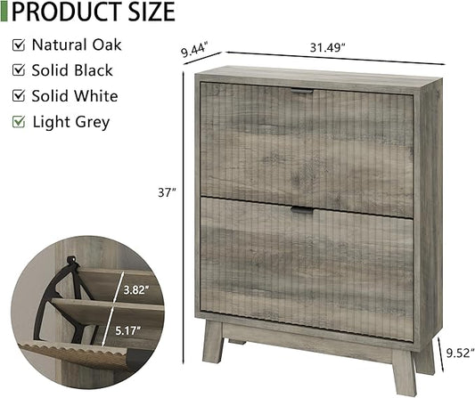Shoe Cabinet with 2 Flip Drawers, 37" Tall Narrow Fluted Shoe Storage Organizer for Entryway, Hidden Slim Wooden Shoe Rack Cabinet for Front Door Entrance, Hallway, Living Room, Light Grey