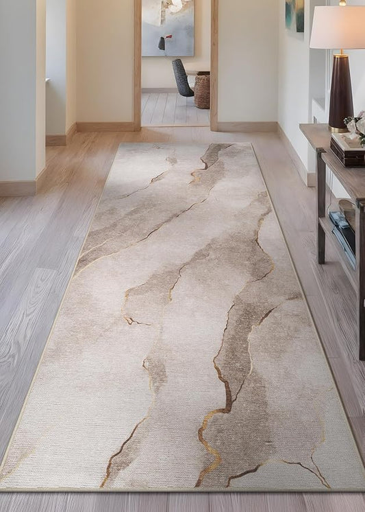 Bloom Rugs Caria Washable Non-Slip 10 ft Runner - Ivory/Gold Modern Abstract Runner for Entryway, Hallway, Bathroom, and Kitchen - Exact Size: 2'6" x 10'