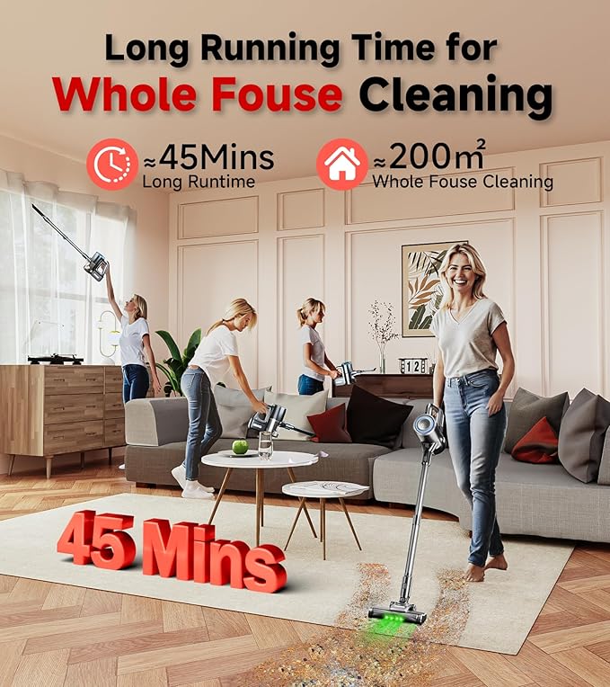 Cordless Vacuum Cleaner, 500W/35Kpa Self-Standing Lightweight Stick Vacuum with Green Light, 45Mins Runtime Vacuum Cleaners for Home, Anti-Tangle Vacuum for Pet Hair Hardwood Floor Carpet, Grey