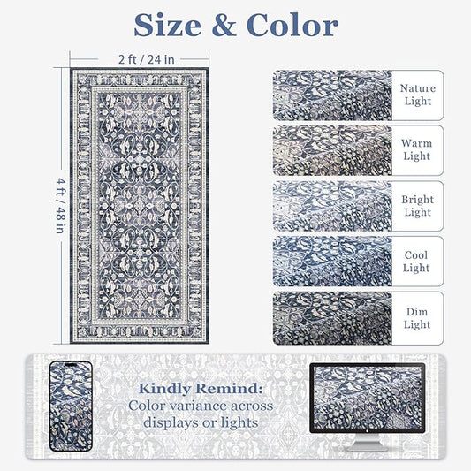 Dark Blue 2x4 Entryway Rug, Transitional Floral Trellis Door Mat Indoor Entrance Entry Way, Washable Non Slip Low Pile Thin Small Runner Rug for Kitchen Floor Sink Area Bathroom Bedside