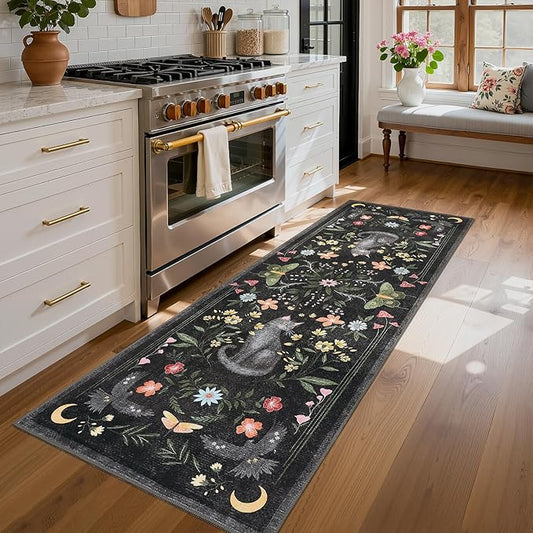 GarveeHome 2.5x8 Cat Washable Runner Rug for Hallway, Soft Black Long Kitchen Runner Non Slip Mushroom Insect Entryway Rug Floral Laundry Mat Stain Resistant Carpet for Bathroom Beside Rug