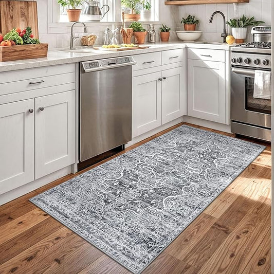 KUTA Area Rug 3x5, Vintage Floral Rugs for Living Room Grey Blue White Washable Non-Slip, Ultra Soft Printed Medallion Entry Low-Pile Throw Carpet for Entrance Bedroom Dorm Décor
