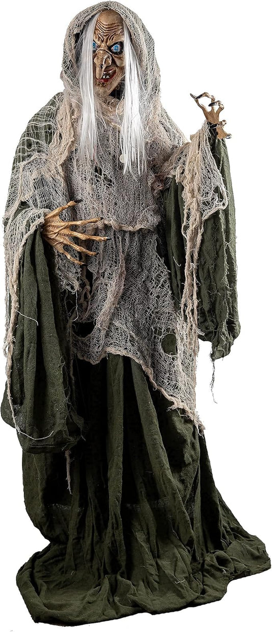 JOYIN 65" Halloween Animatronics Witch Decorations Outdoor with LED Eyes and Creepy Sound, Scary Life Size Animated Decor for Haunted House Lawn Yard