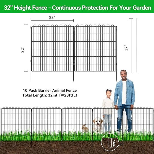 Decorative Garden Fence 10 Panels 23.6 ft(L) X 32 in(H) Animal Barrier for Yard, Patio, Garden Borders, No-Dig Outdoor Fencing with Rustproof Metal Panels, Temporary Ground Stakes for Dogs, Rabbit