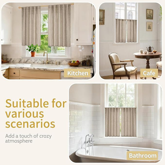 YoungsTex Dark Oatmeal Linen Curtains 40 Inch Length for Kitchen Window, Short Semi Sheer Drapes Burlap Textured Light Filtering with Rod Pocket Back Tab for Cafe Bathroom, 2 Panels, 42 X 40 Inch