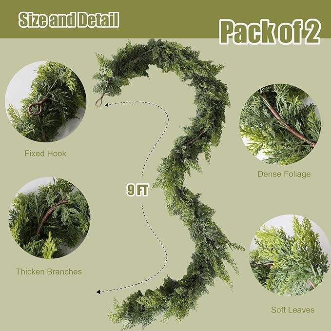 9FT Real Touch Norfolk Christmas Pine Garland Set of 2, Lifelike Artificial Bendable Greenery Garland for Front Door, Mantle, Staircase, Windowsill Indoor Outdoor Christmas Decorations