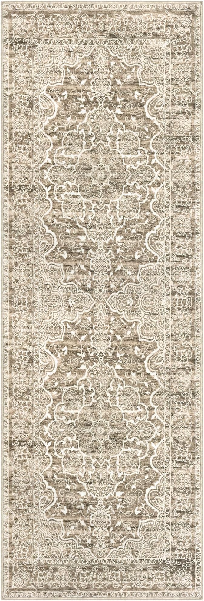 KUTA Washable Kitchen Runner 3x8, Non Skid Washable 8 ft Beige Brown Runners, Printed Vintage Distressed Floral Area Rugs Ultra Soft Carpet for Bedroom Living Room