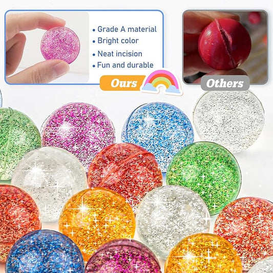 24 Pack Glitter Bouncy Balls for Kids 32 mm Rubber Bounce Balls in 6 Bright Colors — Bulk Party Favors, Goodie Bag Fillers, Easter Basket Stuffers, Classroom Rewards & Prizes