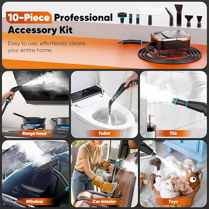 Steam Cleaner, 2500W Pressurized Heavy Duty Handheld Steamer with 1.32QT Tank & 10 Attachments – for Kitchen, Bathroom, Car, Floors, Tile, Furniture, Couch, Windows (Black/Gold)