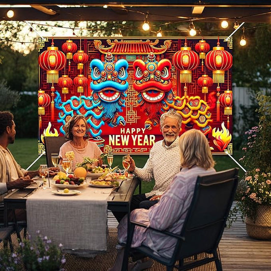 Chinese New Year Lion Dance Backdrop Happy New Year Banner Red Gold Lantern Festival Party Background Traditional Lunar New Years Wall Decor for Home Party Event Photo Booth 71x43 Inch