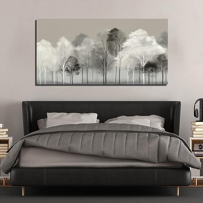 Prepeyssee Black and White Tree Wall Art for Living Room Large Landscape Modern Artwork Gray Forest Picture for Bedroom Home Office Ready to Hang 29x58 Inch