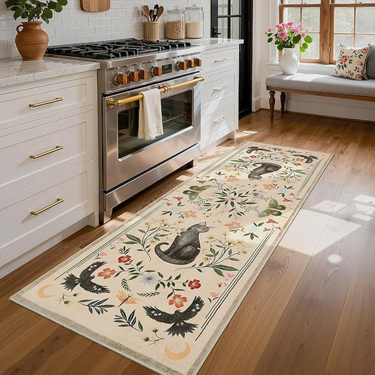 GarveeHome 2.5x8 Cat Washable Runner Rug for Hallway, Soft Beige Long Kitchen Runner Non Slip Mushroom Insect Entryway Rug Floral Laundry Mat Stain Resistant Carpet for Bathroom Beside Rug