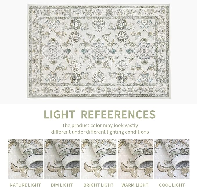 9x12 Washable Area Rugs Beige and Sage Green Vintage Boho Floral Farmhouse Rug for Living Room Bedroom, Non Slip Low Pile Carpet