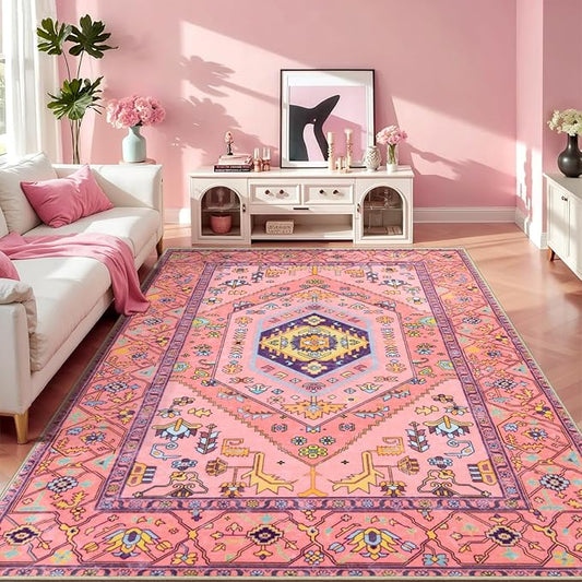 SERISSA Area Rugs 5X7 Nursery Rug for Baby Girl, Washable Non-Slip Boho Rug for Living Room, Ultra Soft Cute Fuchsia Pink Rugs for Bedroom Playroom Kids Room Dining Room Office Dorm Decor