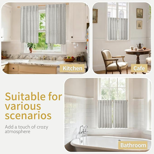 YoungsTex Light Grey Linen Curtains 40 Inches Long for Kitchen Cafe Window, Short Length Semi Sheer Drapes Back Tab Rod Pocket Light Filtering for Bathroom Bedroom, 2 Panels, 42 X 40 Inch