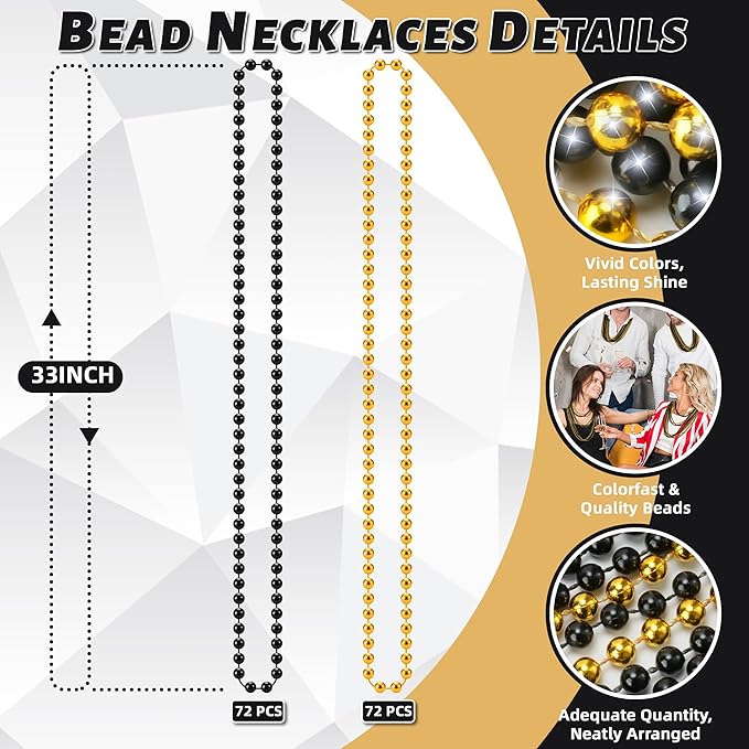 YAXINRUI 144 PCS Gold Black New Year Necklaces, New Year Bead Party Favors, Happy New Year Necklace, 33‘’ Gold Black Beaded Necklaces for 2026 New Years Eve Christmas Halloween Festive Events