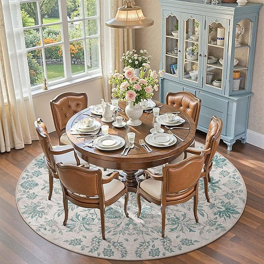 jinchan Classic Floral Round Rug 7ft Vintage-Inspired Design 7’Circle Rug Machine Washable Ultra-Thin Low-Pile Non-Slip Indoor Carpet for Bedroom Dining Room Living Room
