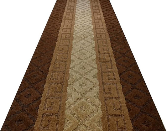 Custom Cut Hallway Runner Rug, Slip Resistant, 31 Inch Wide X Your Choice of Length, Meander Brown, 31 Inch X 25 feet