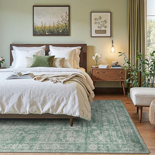 jinchan 8x10 Machine Washable Area Rugs for Living Room – Vintage Floral Soft Stain Resistant Low Pile Rug,Non Slip Ultra-Thin Carpet for Bedroom,Dining Room,Home Office,Nursery (8'x10',Green)